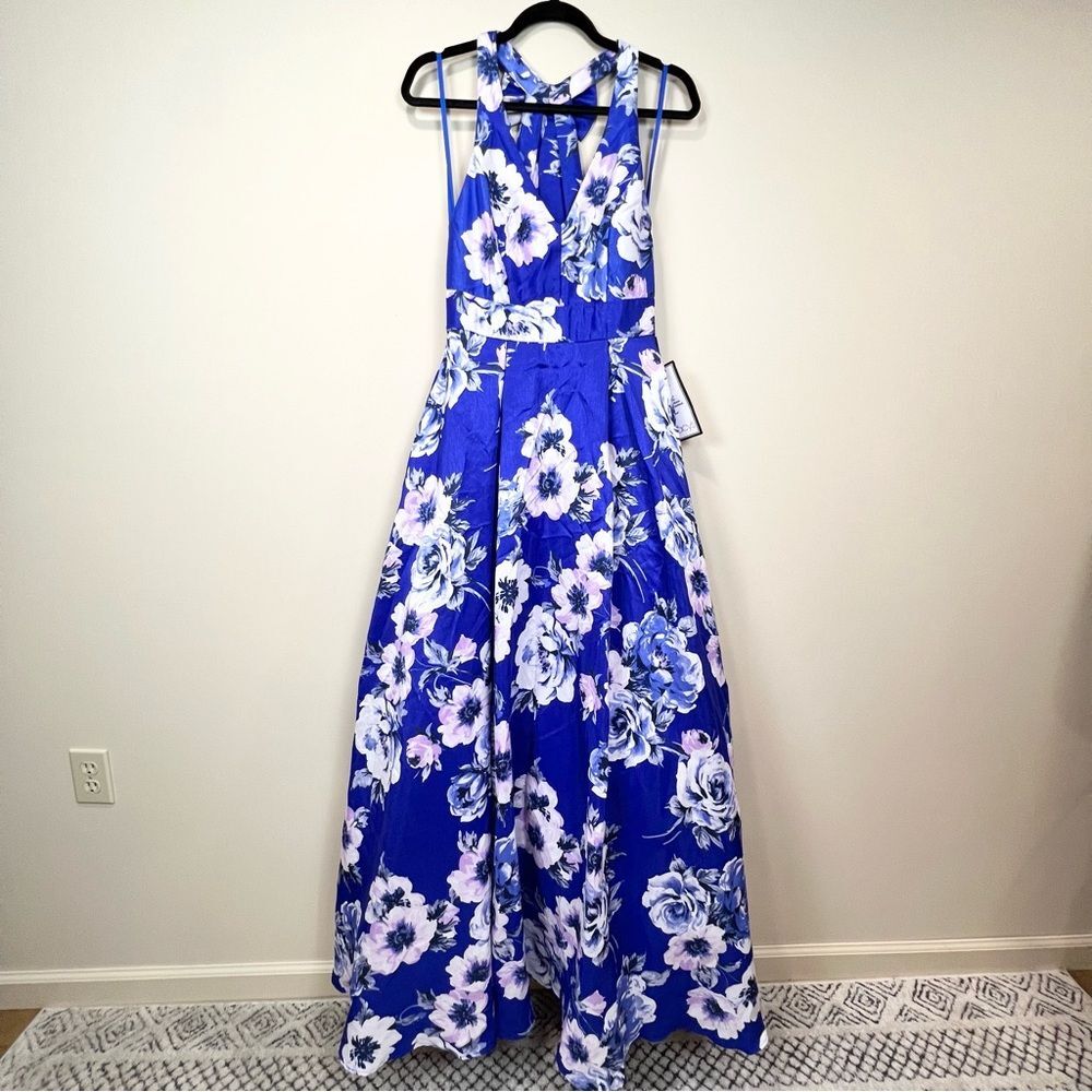 NWT City Studio Blue Floral Pocketed Formal Full Length Fit Flare Gown 9